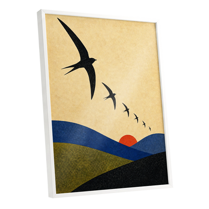 Flight Across Ochre, beige, black, blue nature wall art shown as a white framed poster wall art print