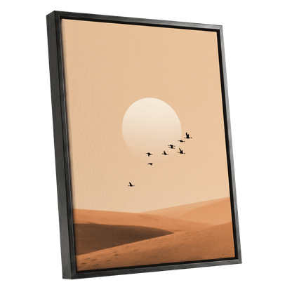Flight Across the Dunes, beige, orange, brown nature wall art shown as a black framed canvas wall art