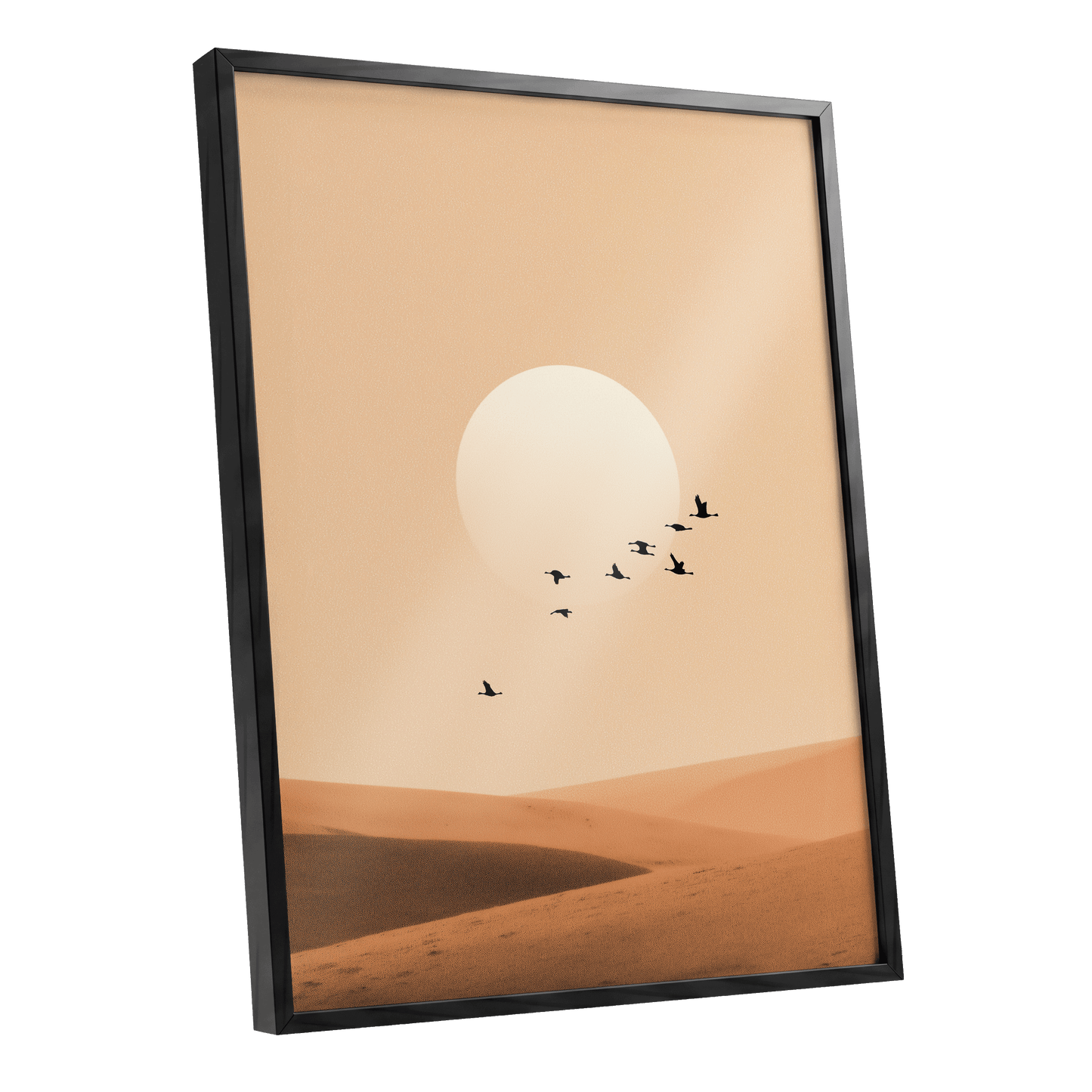 Flight Across the Dunes, beige, orange, brown nature wall art shown as a black framed poster wall art print