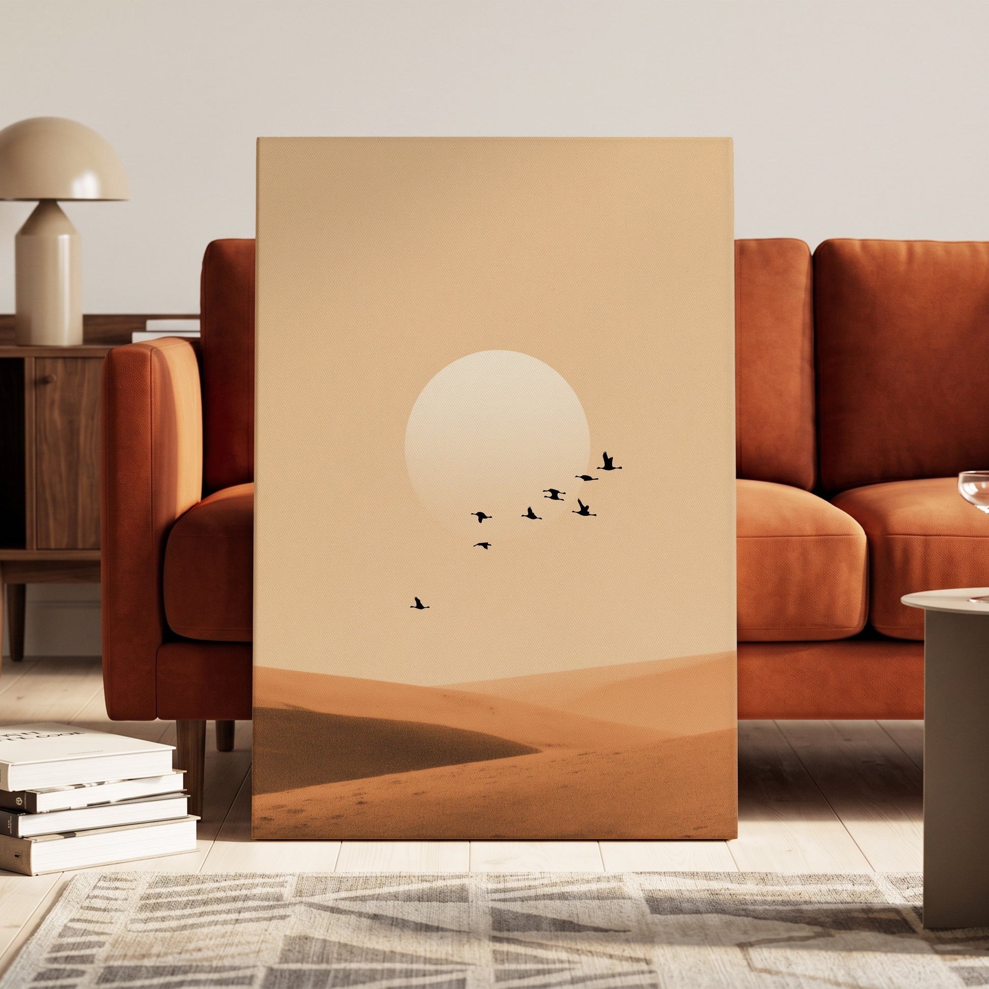 Flight Across the Dunes, beige, orange, brown nature wall art on canvas displayed in a styled interior, gallery view 1