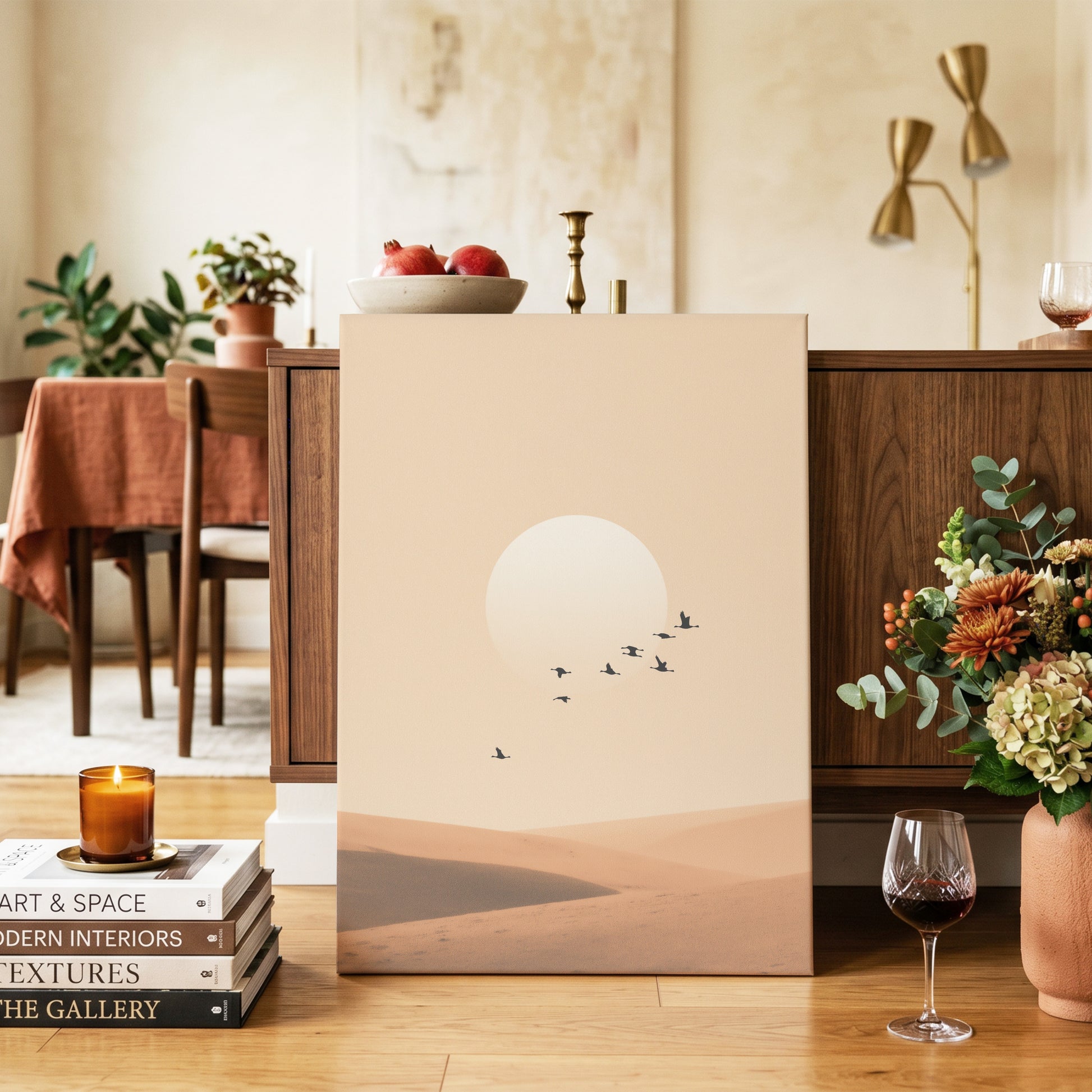 Flight Across the Dunes, beige, orange, brown nature wall art on canvas displayed in a styled interior, gallery view 2