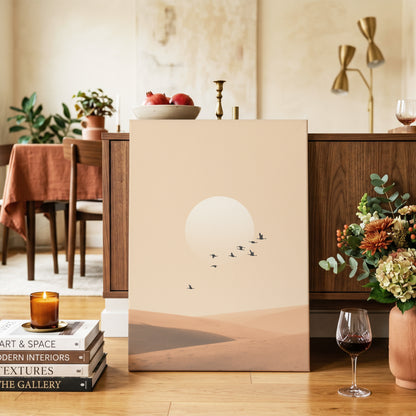 Flight Across the Dunes, beige, orange, brown nature wall art on canvas displayed in a styled interior, gallery view 2