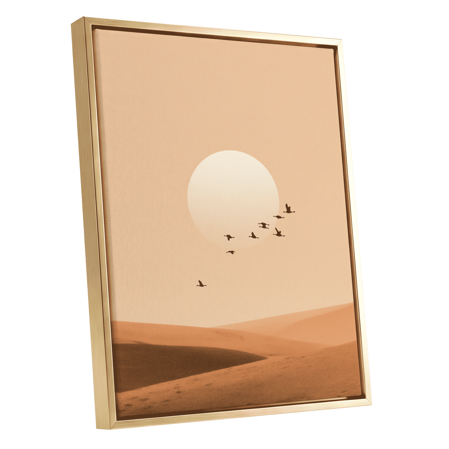 Flight Across the Dunes, beige, orange, brown nature wall art shown as a gold framed canvas wall art