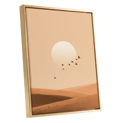 Flight Across the Dunes, beige, orange, brown nature wall art shown as a gold framed canvas wall art