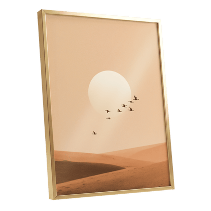 Flight Across the Dunes, beige, orange, brown nature wall art shown as a gold framed poster wall art print
