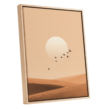 Flight Across the Dunes, beige, orange, brown nature wall art shown as a oak framed canvas wall art