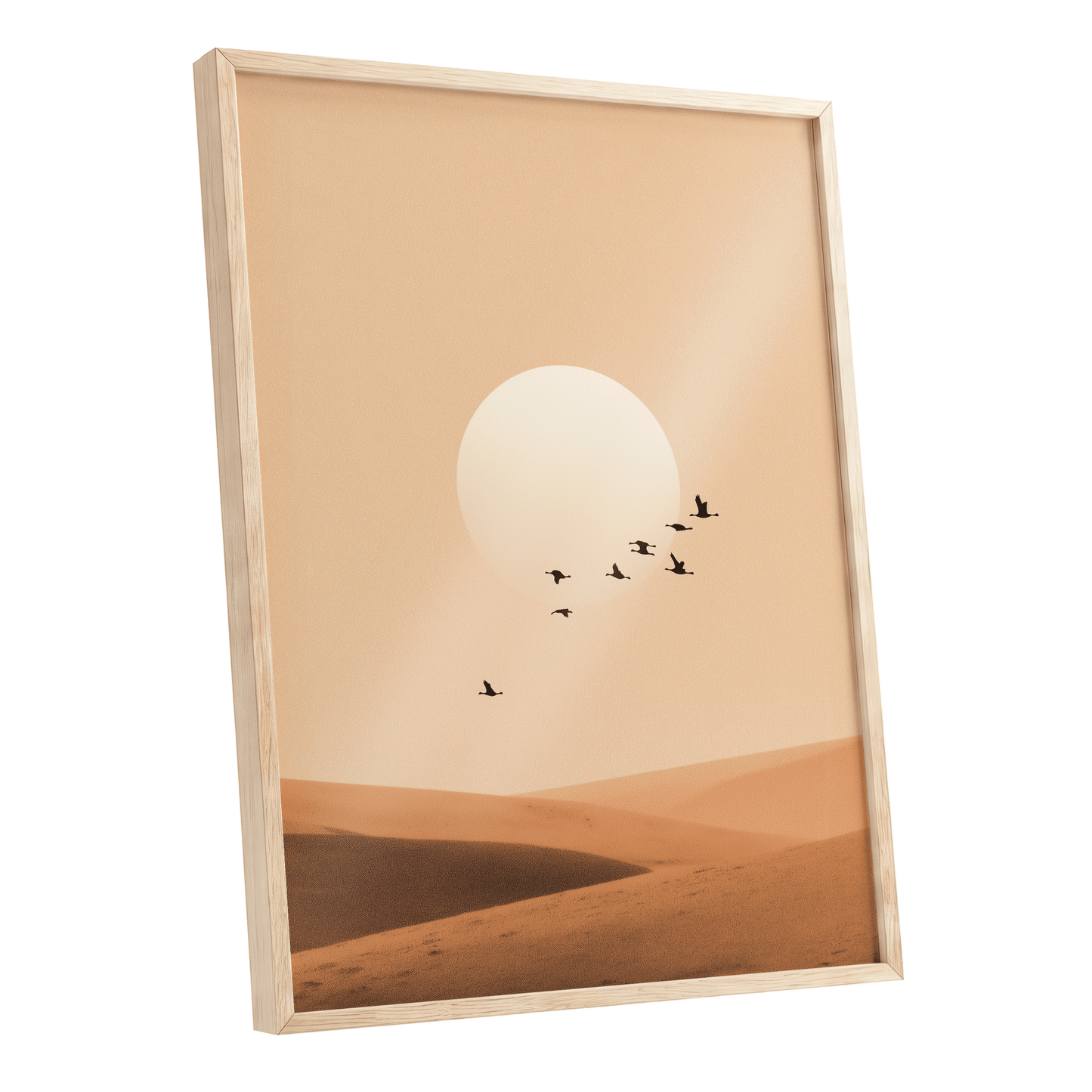Flight Across the Dunes, beige, orange, brown nature wall art shown as a oak framed poster wall art print