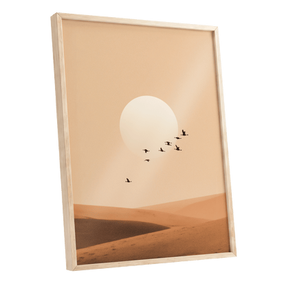 Flight Across the Dunes, beige, orange, brown nature wall art shown as a oak framed poster wall art print