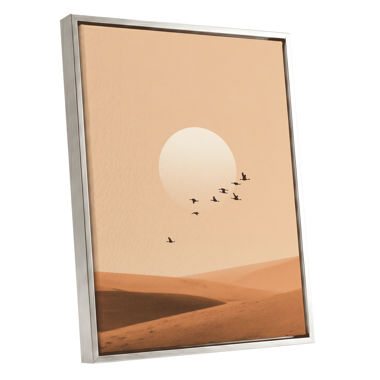 Flight Across the Dunes, beige, orange, brown nature wall art shown as a silver framed canvas wall art