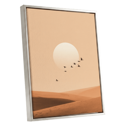 Flight Across the Dunes, beige, orange, brown nature wall art shown as a silver framed canvas wall art