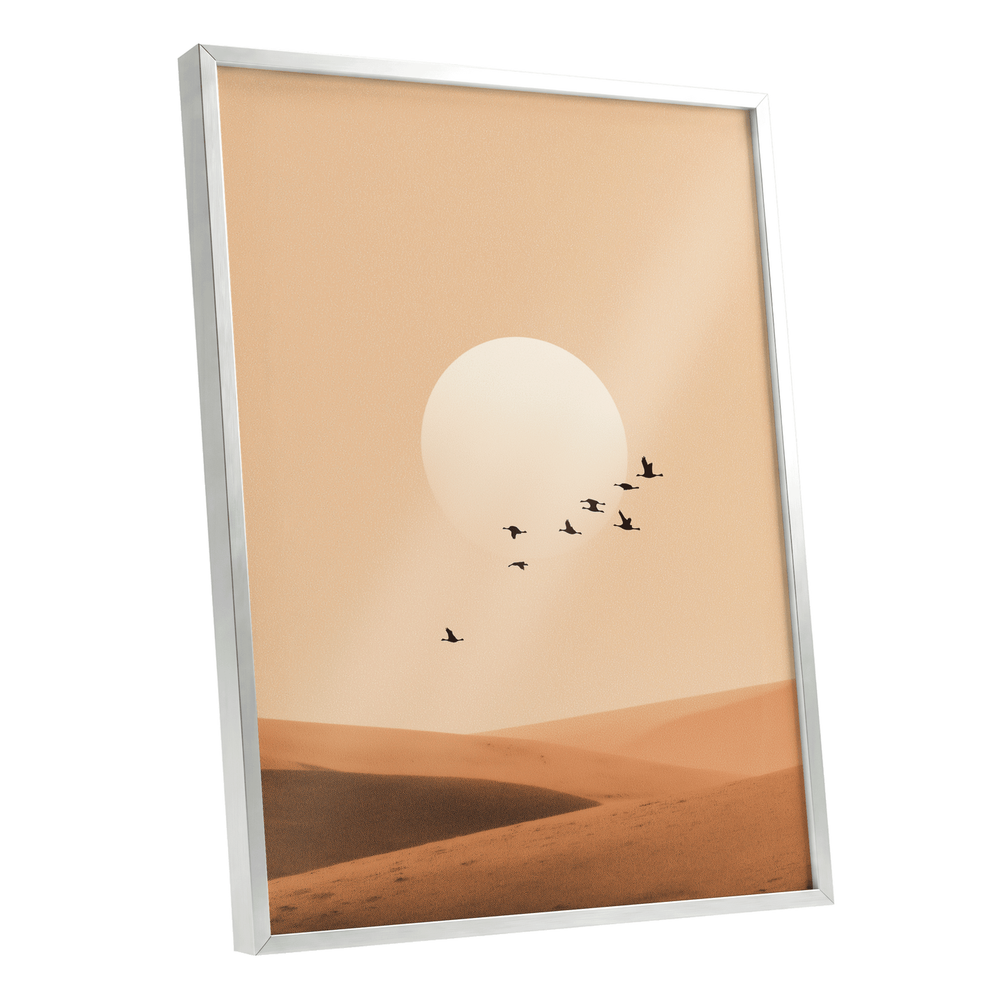 Flight Across the Dunes, beige, orange, brown nature wall art shown as a silver framed poster wall art print