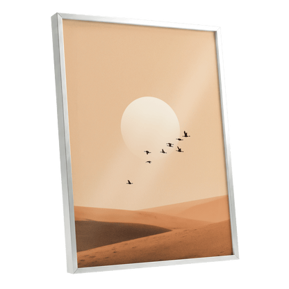Flight Across the Dunes, beige, orange, brown nature wall art shown as a silver framed poster wall art print