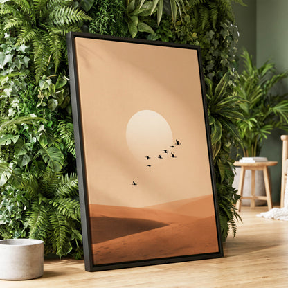 Flight Across the Dunes, beige, orange, brown nature wall art displayed in a styled interior, gallery view 1