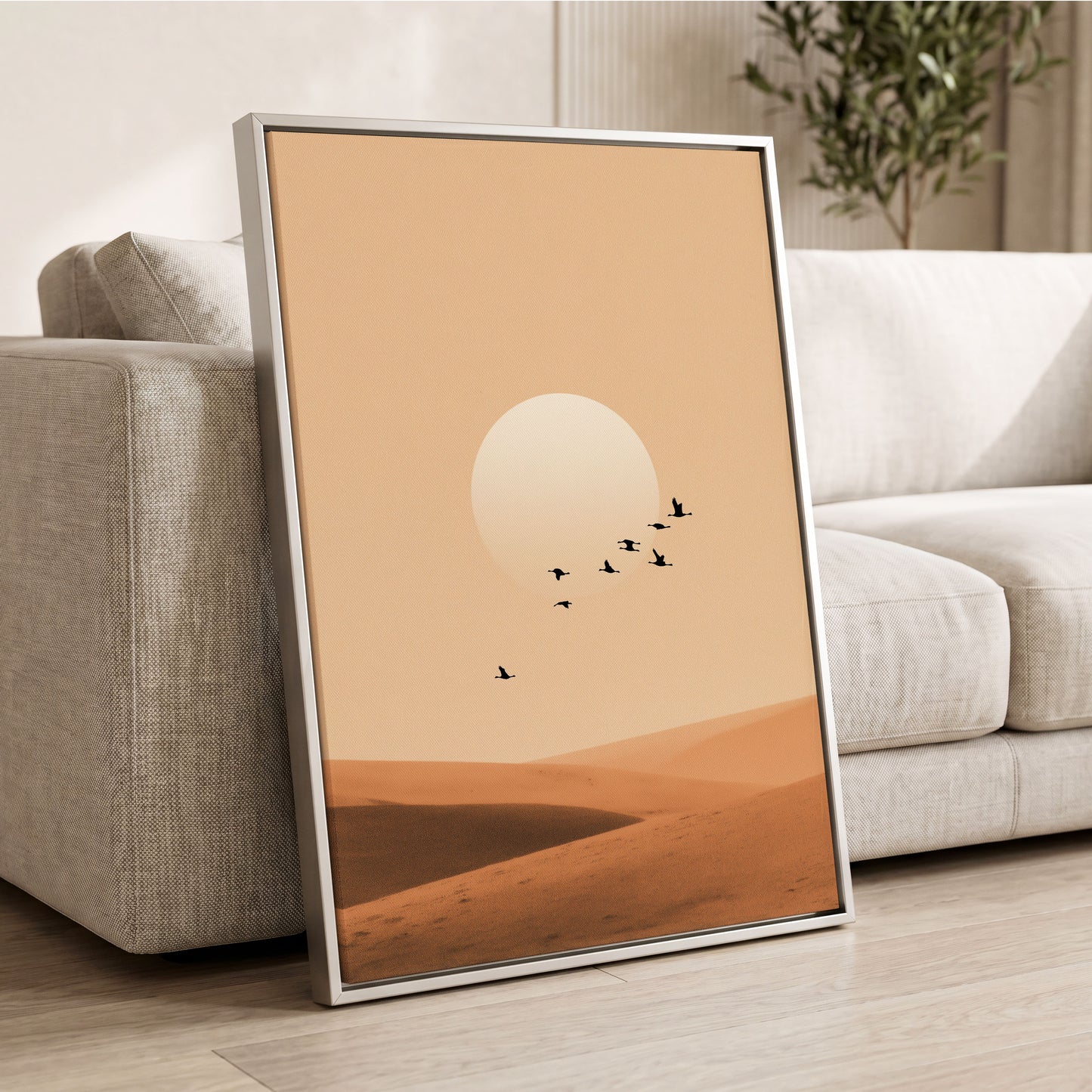 Flight Across the Dunes, beige, orange, brown nature wall art displayed in a styled interior, gallery view 2
