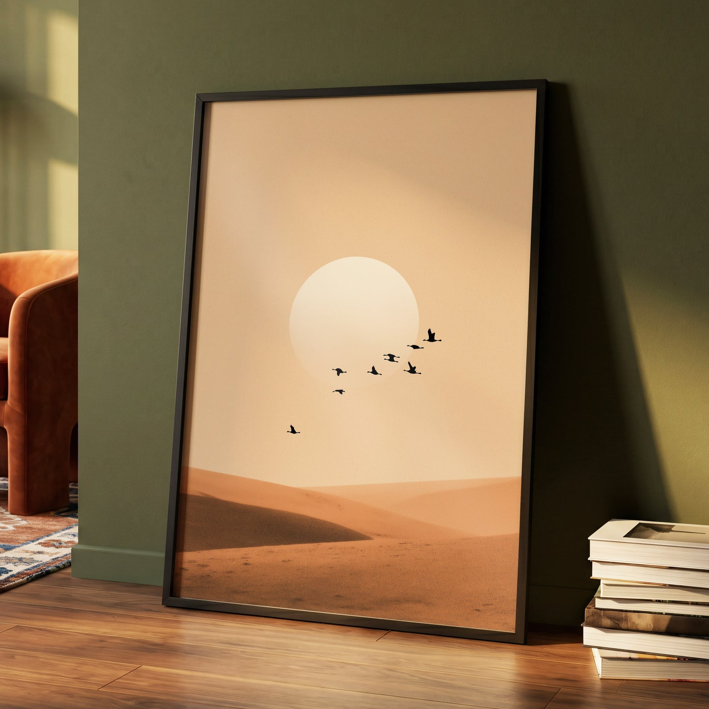 Flight Across the Dunes, beige, orange, brown nature wall art displayed in a styled interior, gallery view 4