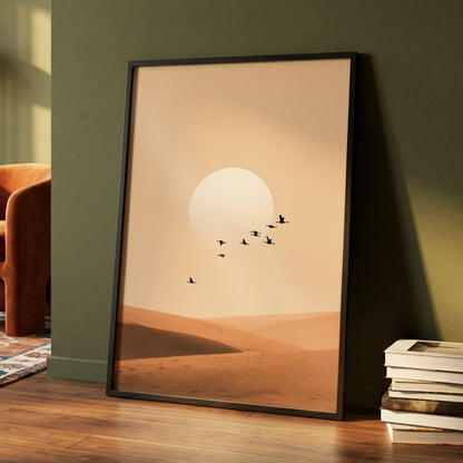 Flight Across the Dunes, beige, orange, brown nature wall art displayed in a styled interior, gallery view 4