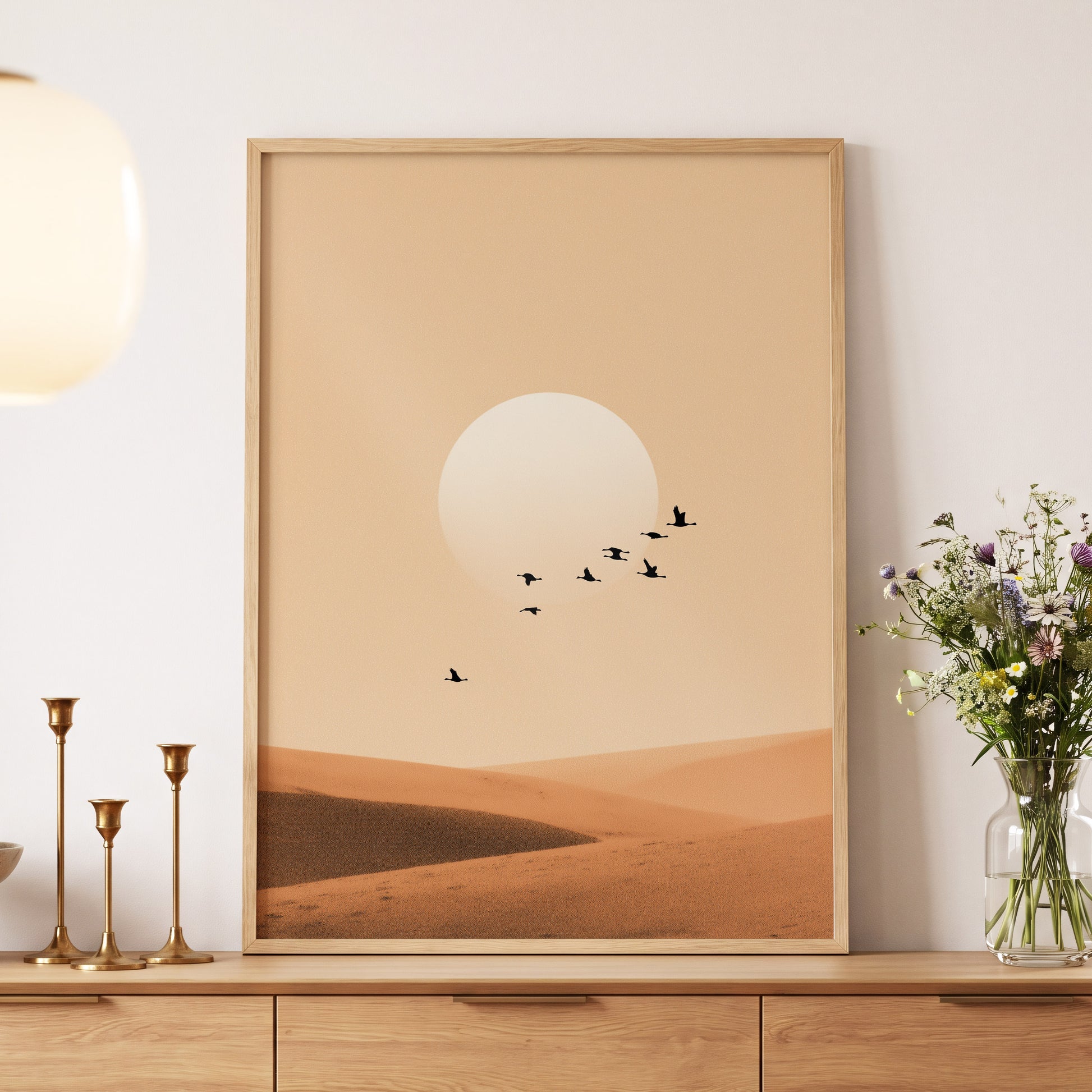 Flight Across the Dunes, beige, orange, brown nature wall art displayed in a styled interior, gallery view 5