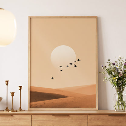 Flight Across the Dunes, beige, orange, brown nature wall art displayed in a styled interior, gallery view 5