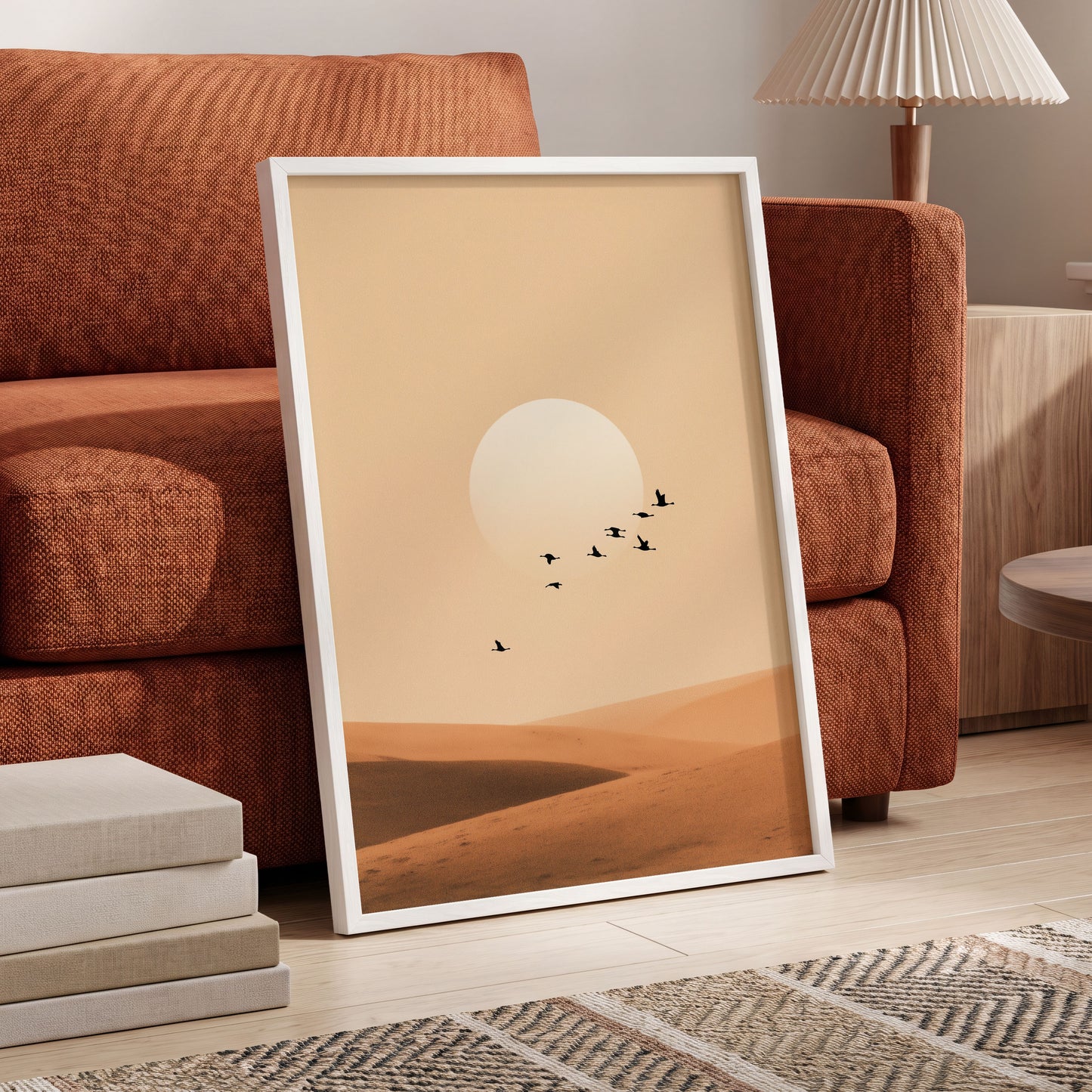 Flight Across the Dunes, beige, orange, brown nature wall art displayed in a styled interior, gallery view 6