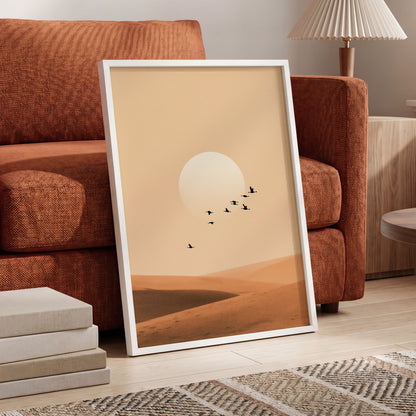 Flight Across the Dunes, beige, orange, brown nature wall art displayed in a styled interior, gallery view 6