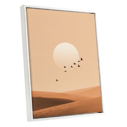 Flight Across the Dunes, beige, orange, brown nature wall art shown as a white framed canvas wall art