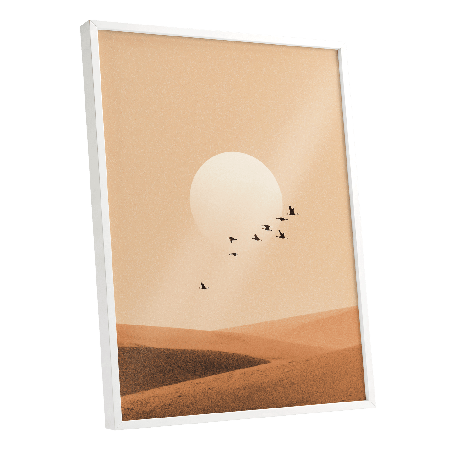 Flight Across the Dunes, beige, orange, brown nature wall art shown as a white framed poster wall art print