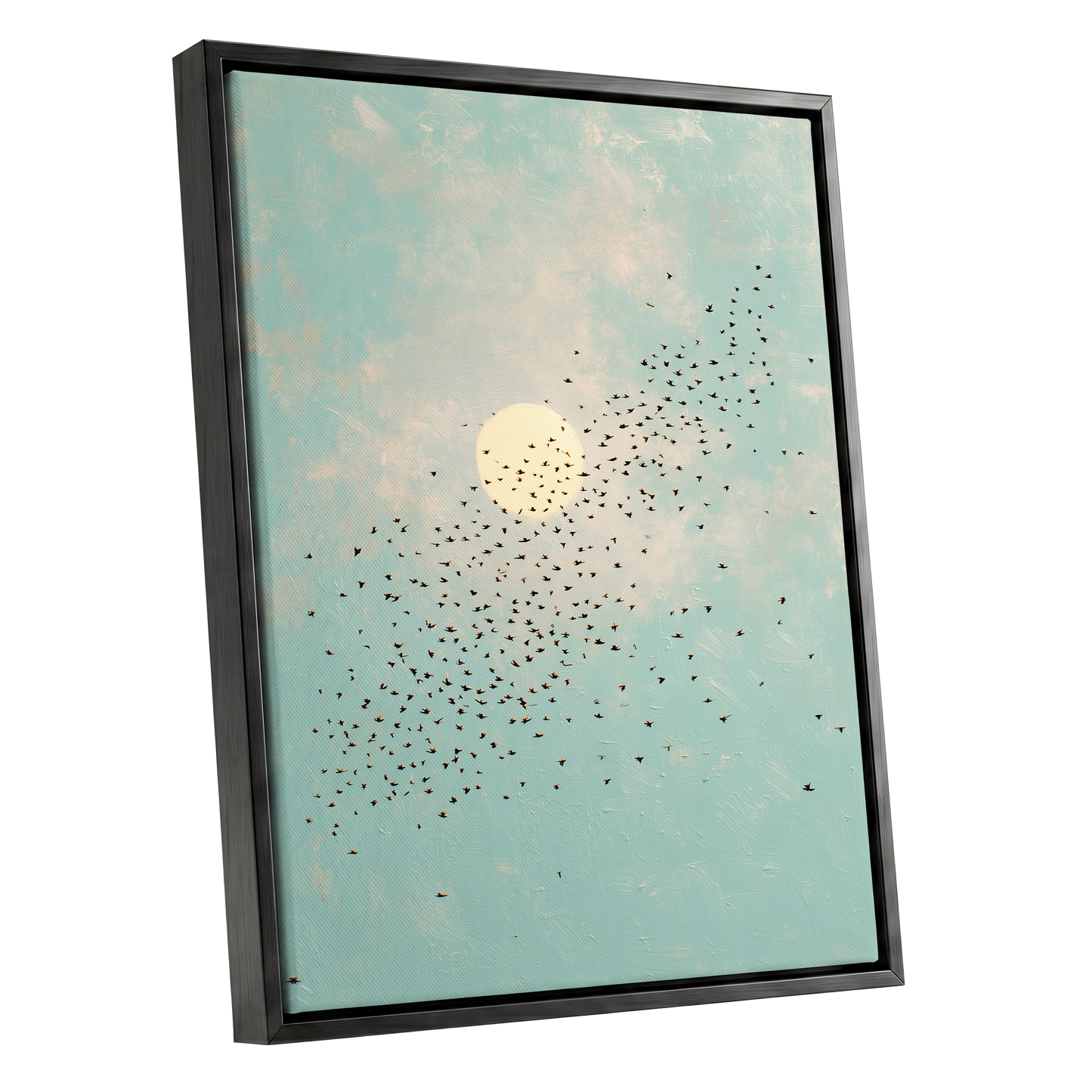 Flight Across the Sun, blue, beige, black nature wall art shown as a black framed canvas wall art