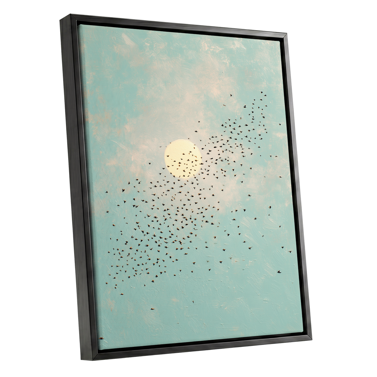 Flight Across the Sun, blue, beige, black nature wall art shown as a black framed canvas wall art