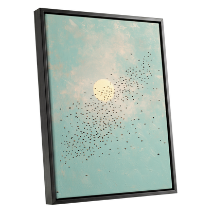 Flight Across the Sun, blue, beige, black nature wall art shown as a black framed canvas wall art