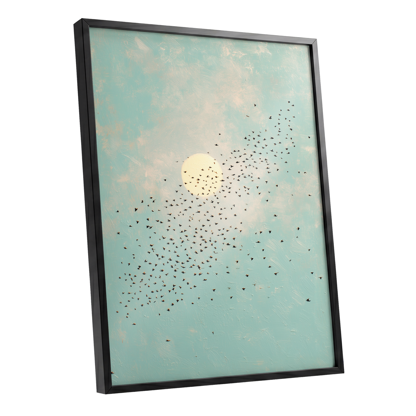 Flight Across the Sun, blue, beige, black nature wall art shown as a black framed poster wall art print