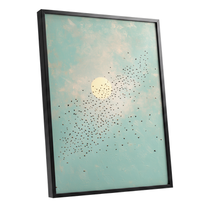 Flight Across the Sun, blue, beige, black nature wall art shown as a black framed poster wall art print