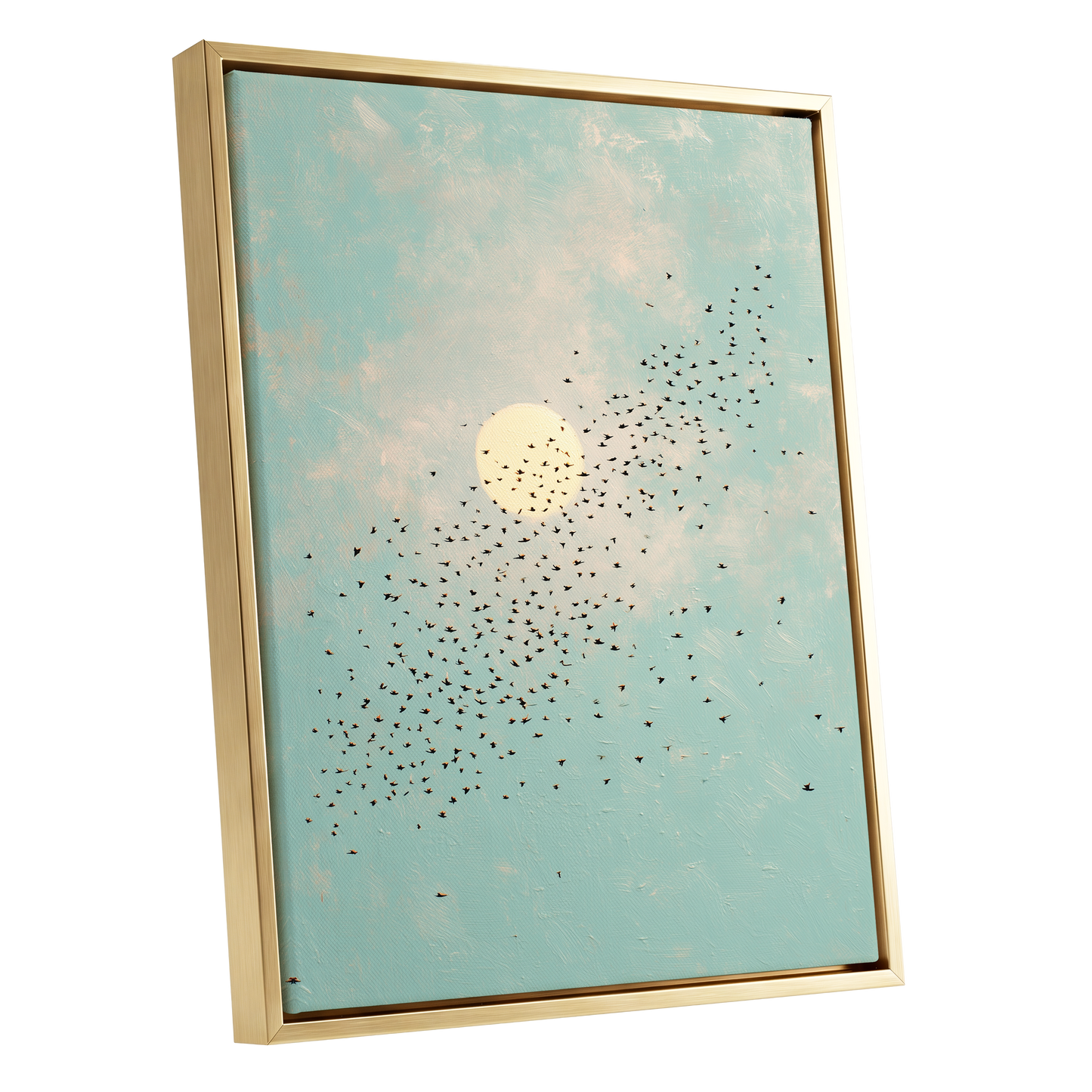 Flight Across the Sun, blue, beige, black nature wall art shown as a gold framed canvas wall art