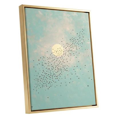 Flight Across the Sun, blue, beige, black nature wall art shown as a gold framed canvas wall art