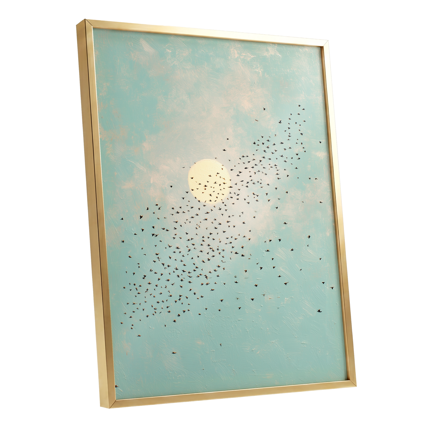 Flight Across the Sun, blue, beige, black nature wall art shown as a gold framed poster wall art print