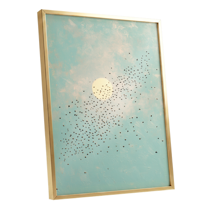 Flight Across the Sun, blue, beige, black nature wall art shown as a gold framed poster wall art print