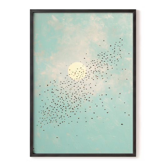 Flight Across the Sun, blue, beige, black nature wall art, front artwork view
