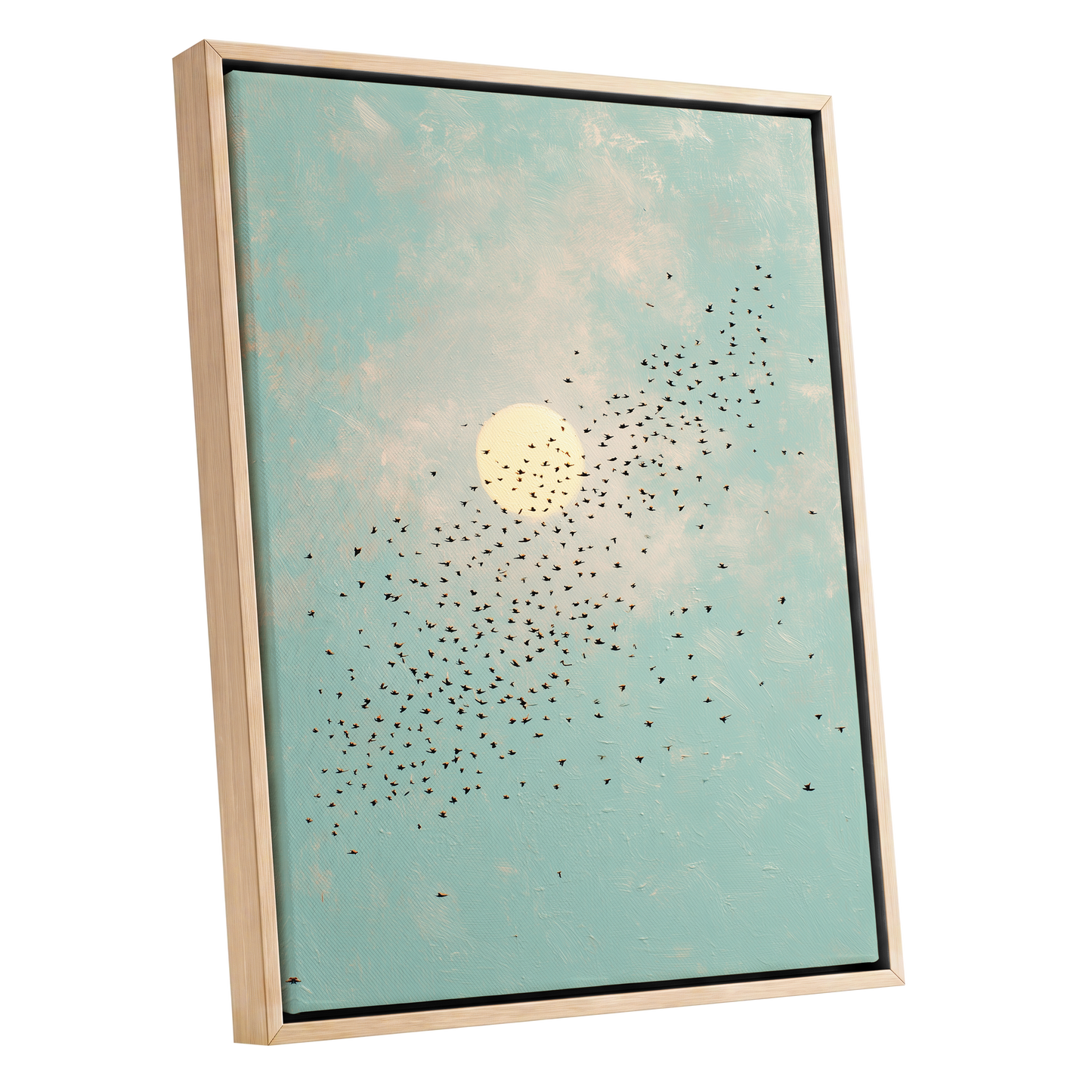 Flight Across the Sun, blue, beige, black nature wall art shown as a oak framed canvas wall art