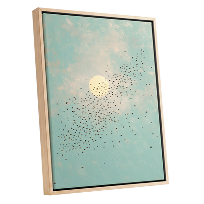 Flight Across the Sun, blue, beige, black nature wall art shown as a oak framed canvas wall art