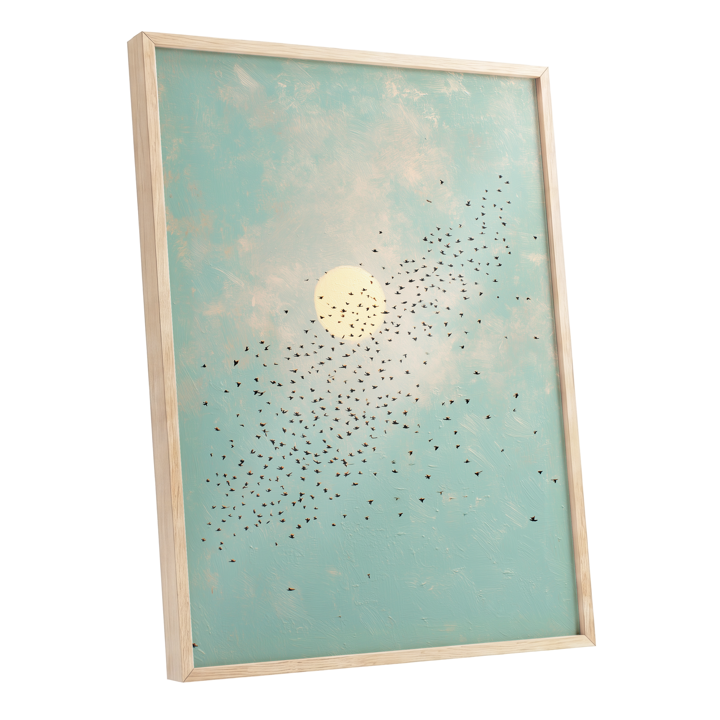 Flight Across the Sun, blue, beige, black nature wall art shown as a oak framed poster wall art print