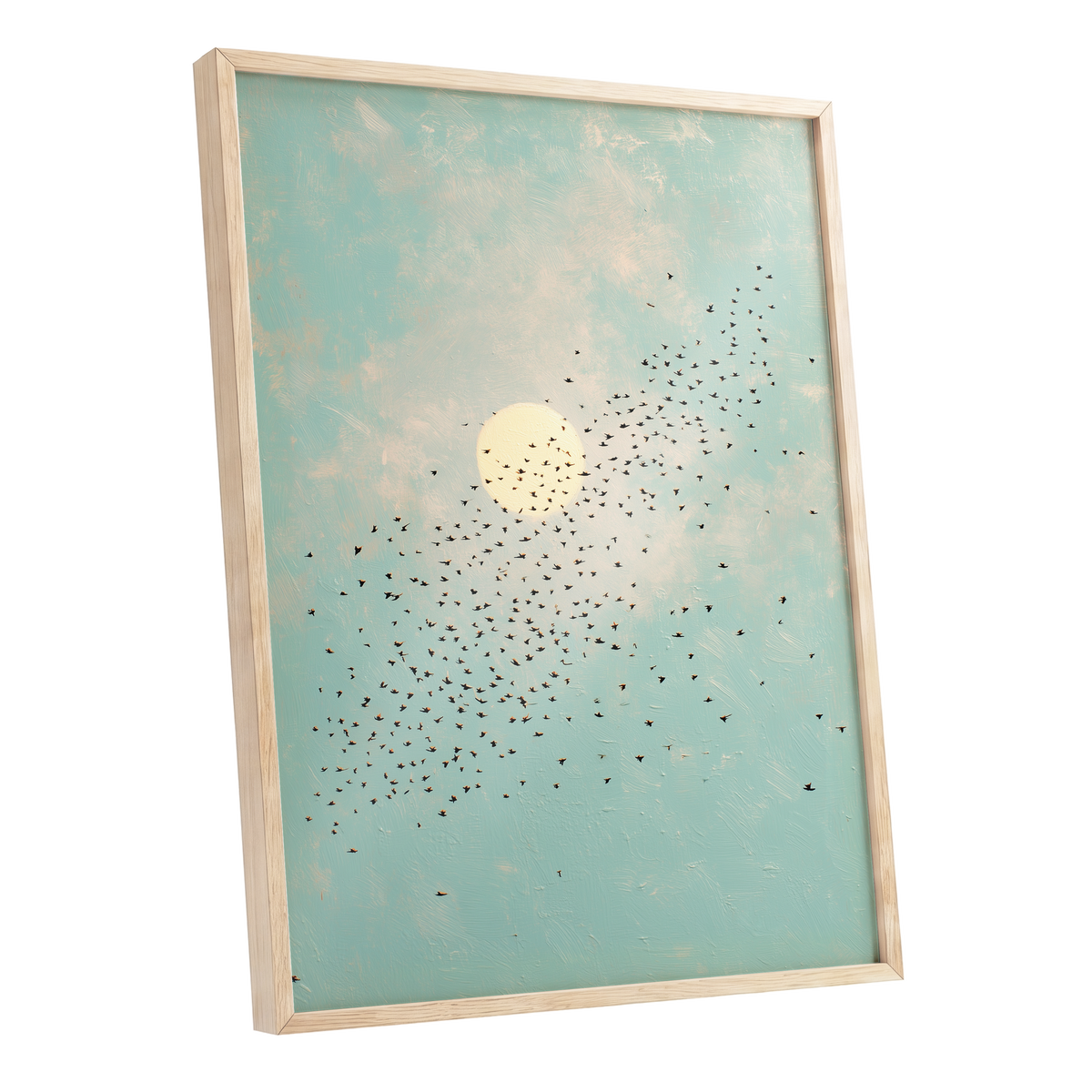 Flight Across the Sun, blue, beige, black nature wall art shown as a oak framed poster wall art print