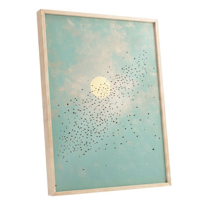 Flight Across the Sun, blue, beige, black nature wall art shown as a oak framed poster wall art print
