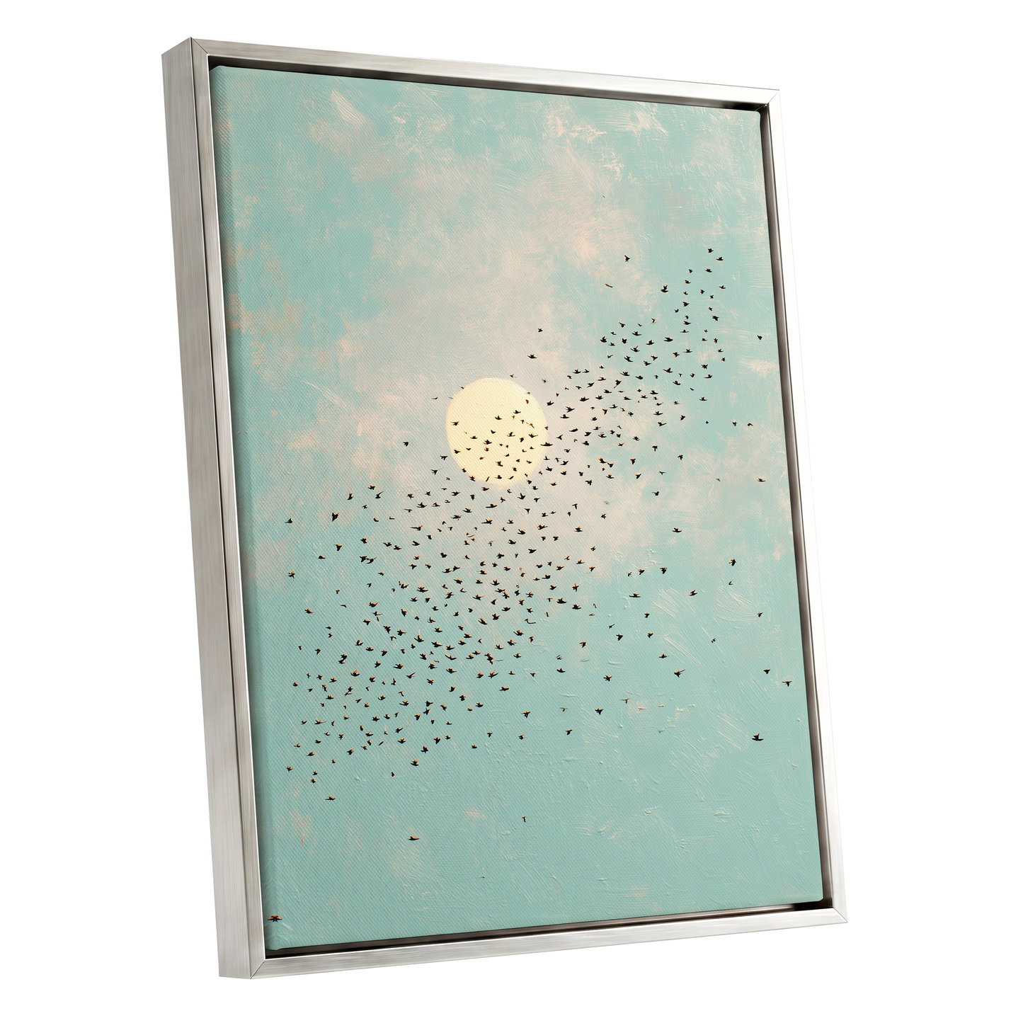 Flight Across the Sun, blue, beige, black nature wall art shown as a silver framed canvas wall art