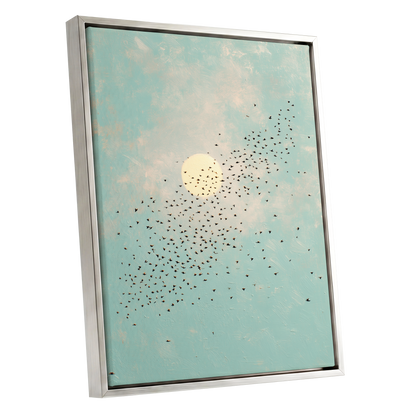 Flight Across the Sun, blue, beige, black nature wall art shown as a silver framed canvas wall art