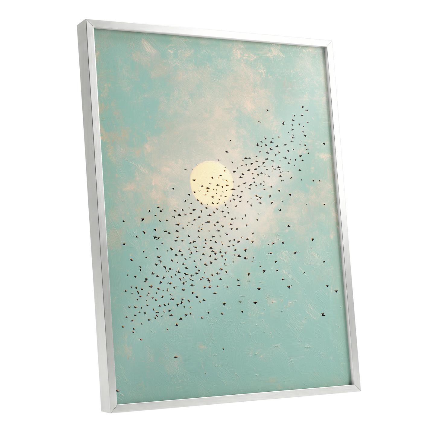 Flight Across the Sun, blue, beige, black nature wall art shown as a silver framed poster wall art print
