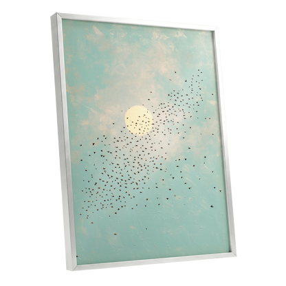 Flight Across the Sun, blue, beige, black nature wall art shown as a silver framed poster wall art print