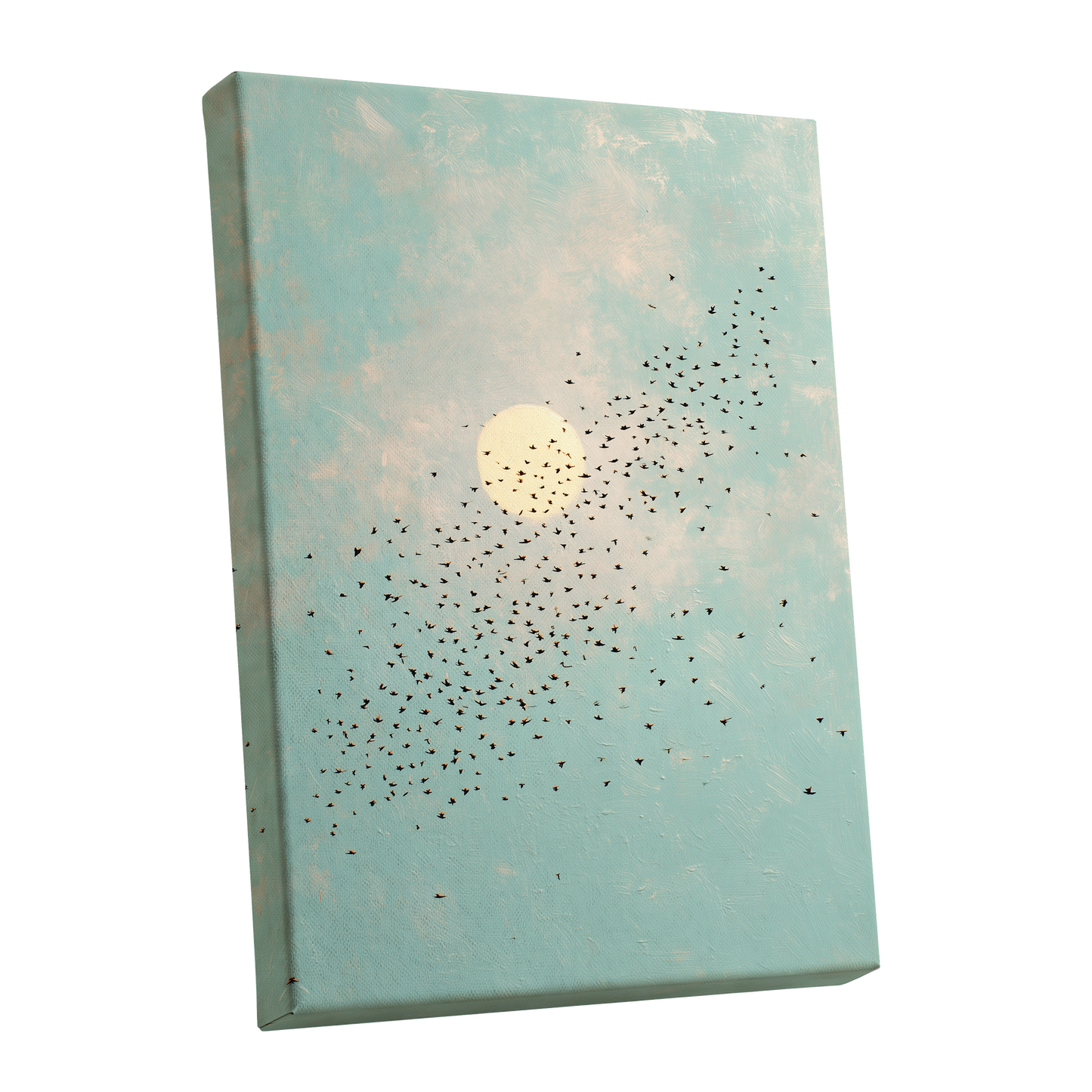 Flight Across the Sun, blue, beige, black nature wall art shown as a stretched canvas wall art