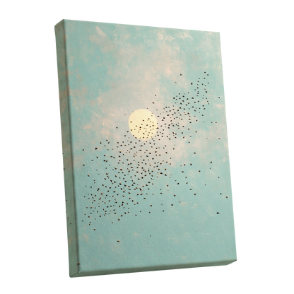 Flight Across the Sun, blue, beige, black nature wall art shown as a stretched canvas wall art