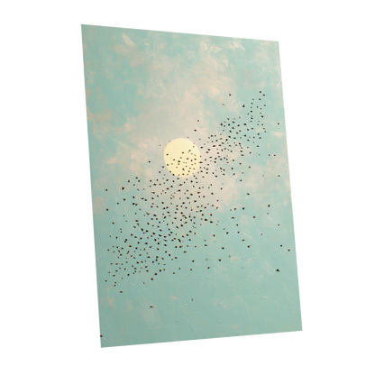 Flight Across the Sun, blue, beige, black nature wall art shown as a unframed poster wall art print