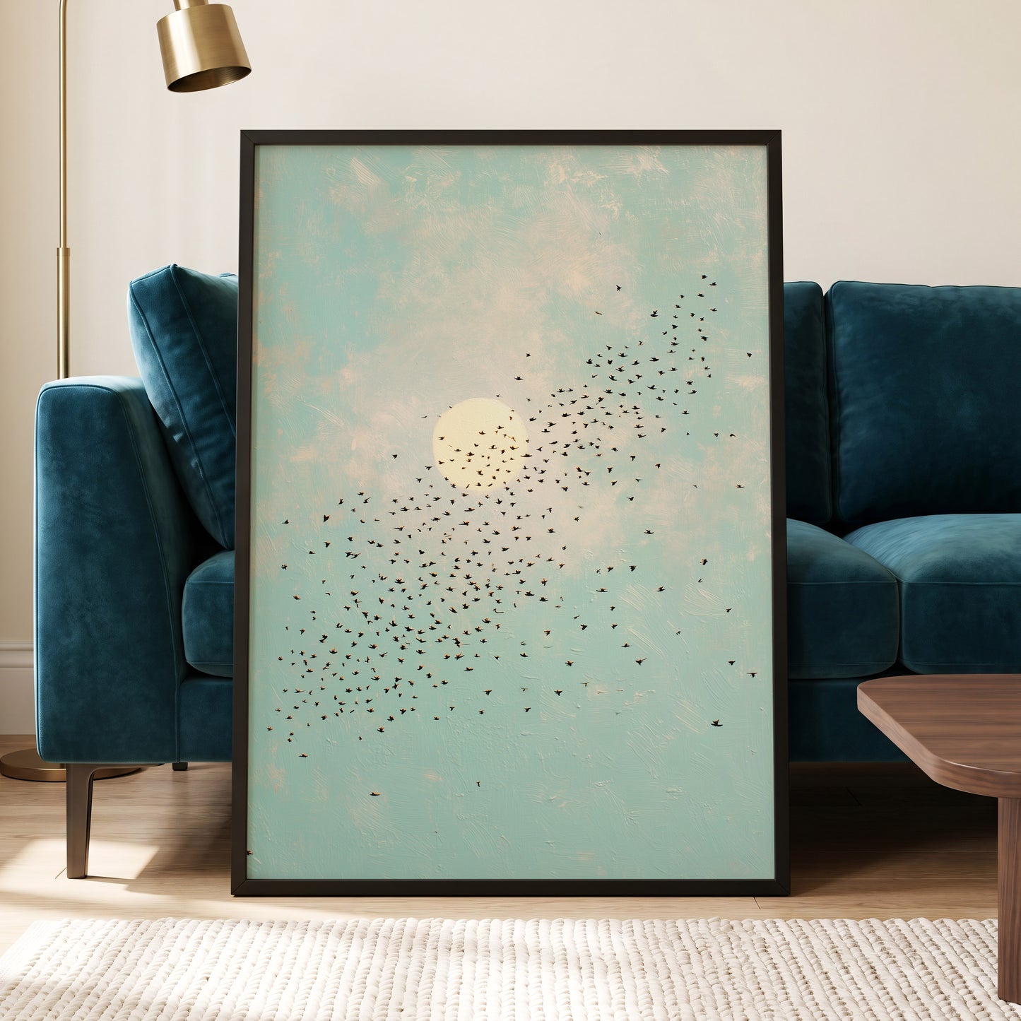 Flight Across the Sun, blue, beige, black nature wall art displayed in a styled interior, gallery view 2