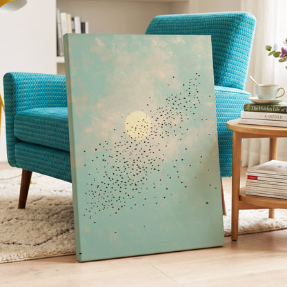 Flight Across the Sun, blue, beige, black nature wall art displayed in a styled interior, gallery view 3